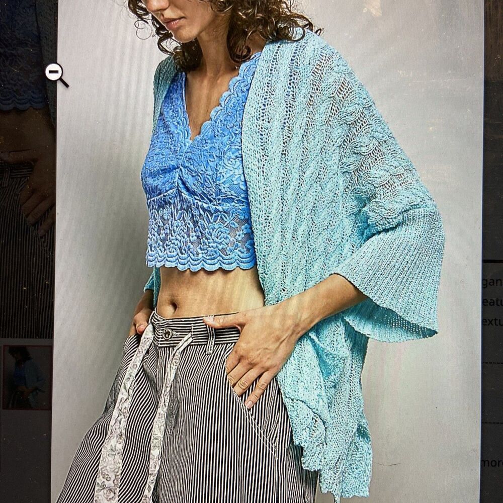 Pol Cardigan Boho Granniecore Open Front Open Knit Light Teal Blue Bohemian New